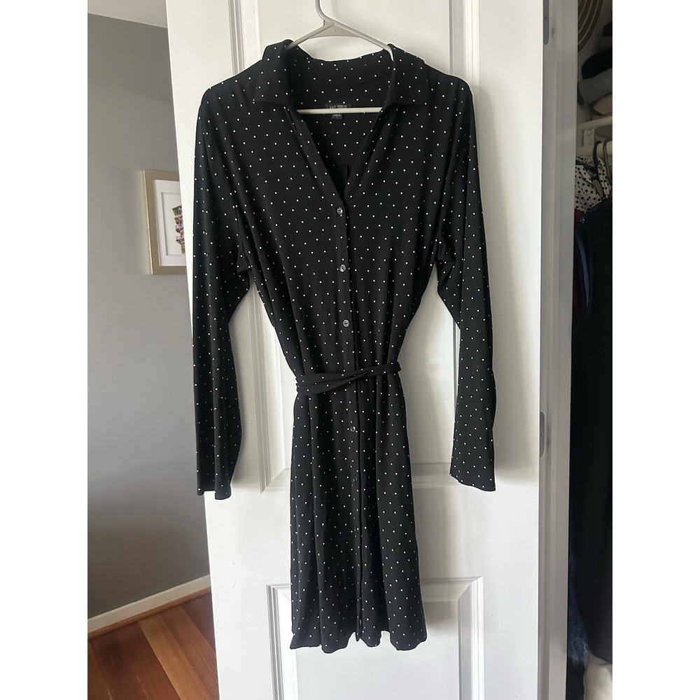 J. Jill Wearever Collection Black Polka Dot Button Down Stretch Dress Size L